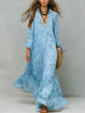Leopard Print Deep V-Neck Three-Quarter Sleeve Beach Maxi Dress