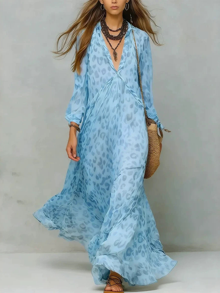 Leopard Print Deep V-Neck Three-Quarter Sleeve Beach Maxi Dress