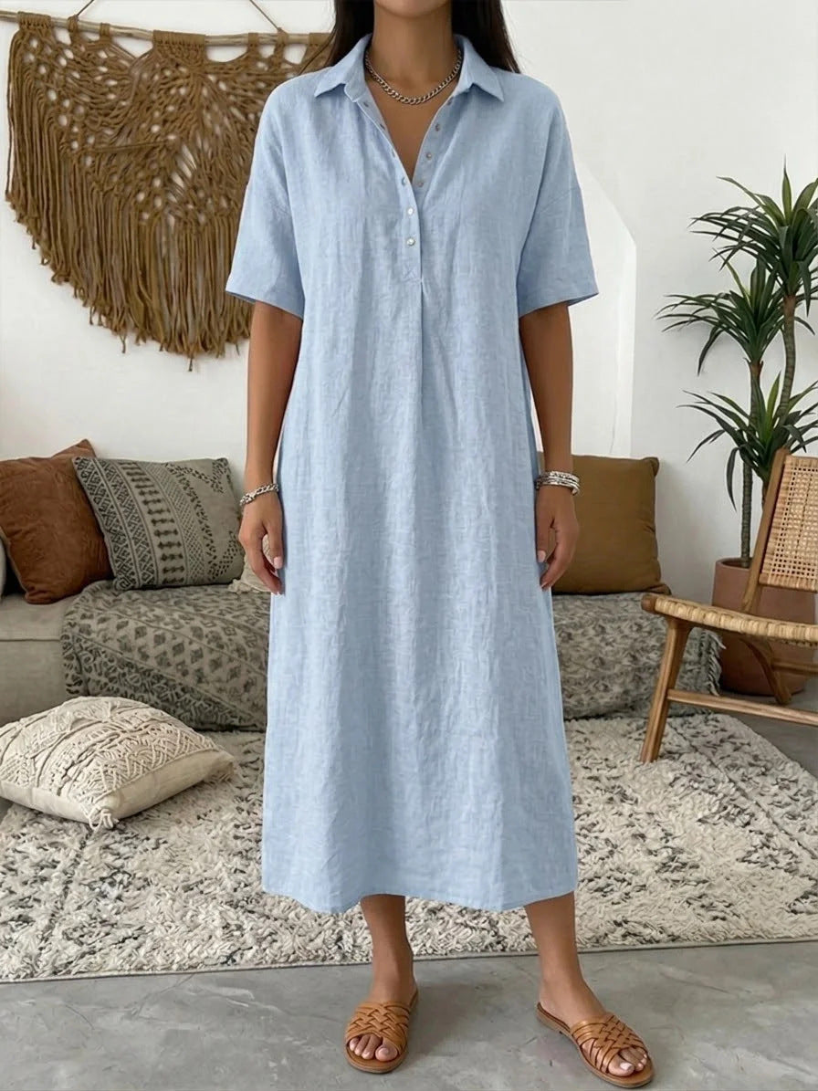 Casual Straight Fit Linen Short Sleeve Polo Neck Dress