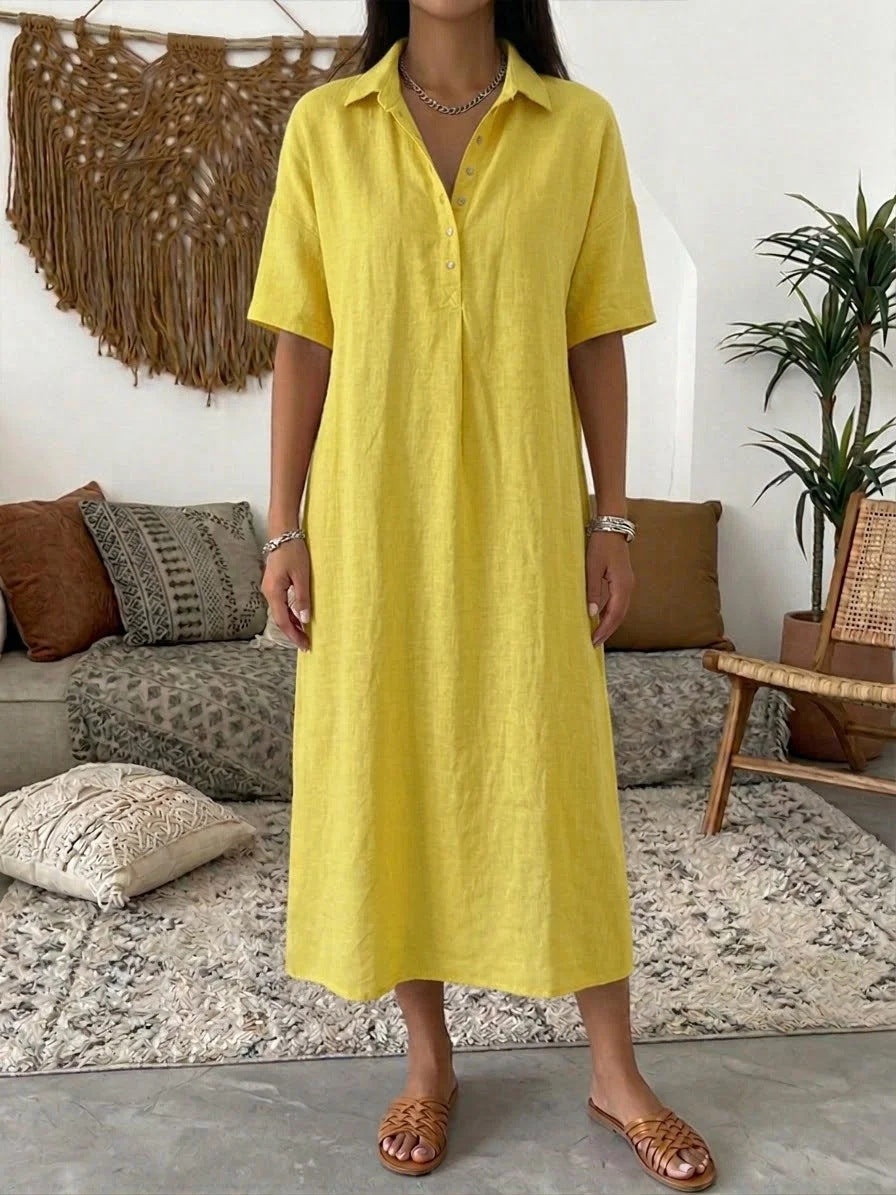Casual Straight Fit Linen Short Sleeve Polo Neck Dress