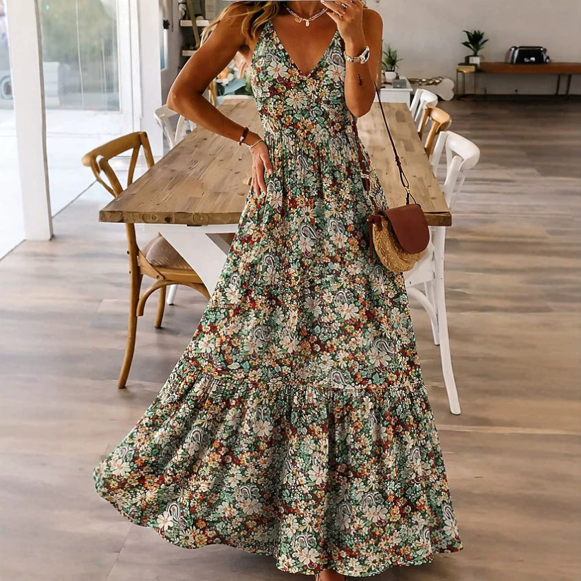 Floral Print Sleeveless Round Neck Smocked Waist Midi Dress