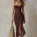 Brown Pleated Lace Trim Bodycon Strap Maxi Dress