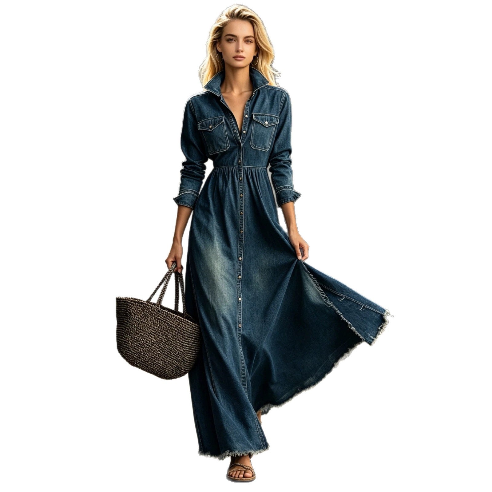 Waist-Slimming Retro Long Sleeve Maxi Dress