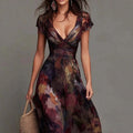 Deep V-Neck Painted Print Fitted Waist Flowy Chiffon Maxi Dress