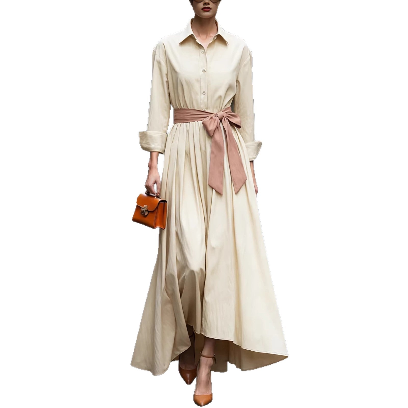 Polo Collar Long Sleeve Button-Front Maxi Dress