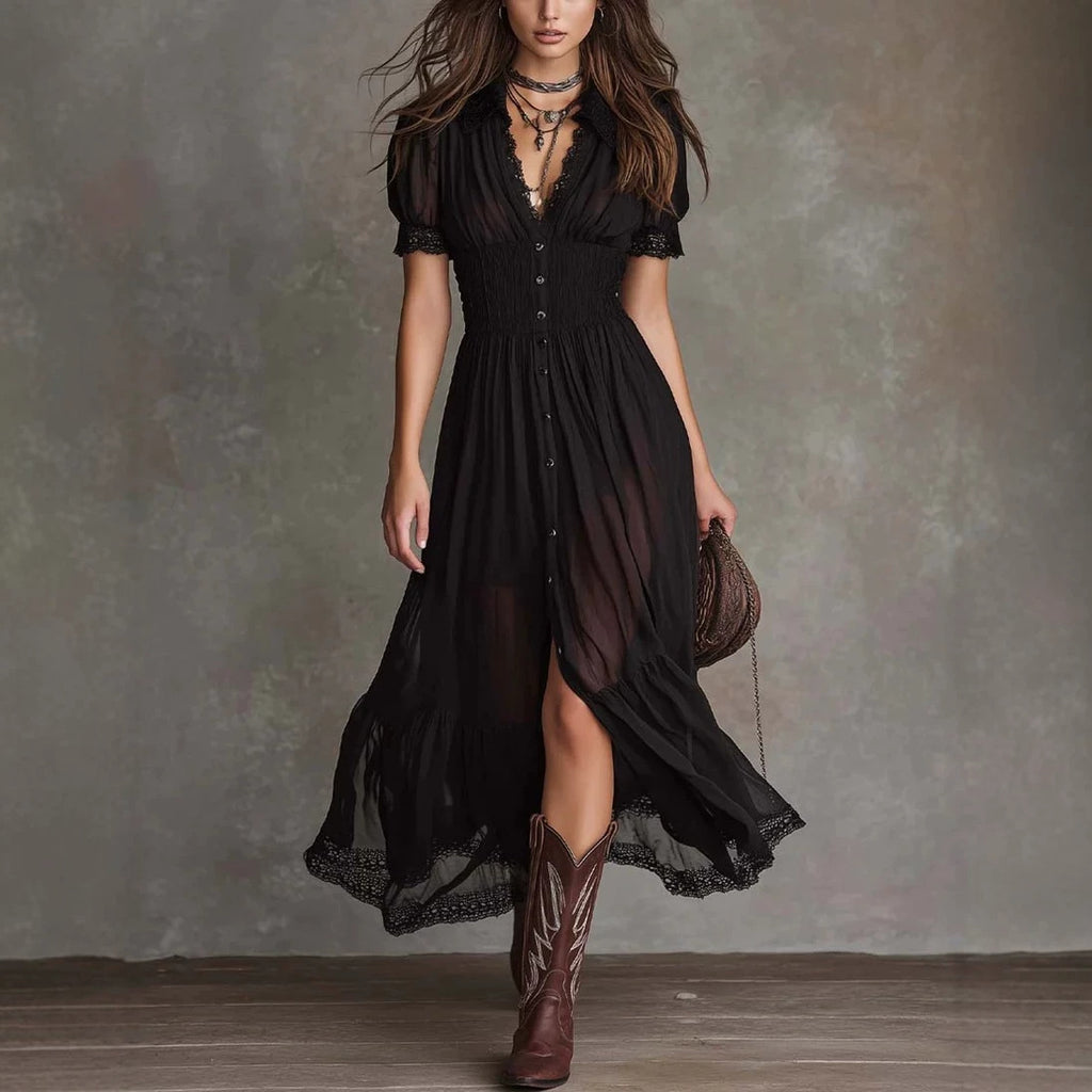 Cropped V-Neck Ruffled Hem Side Slit Bodycon Maxi Dress