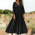 V-Neck Pleated Flowy Midi Dress