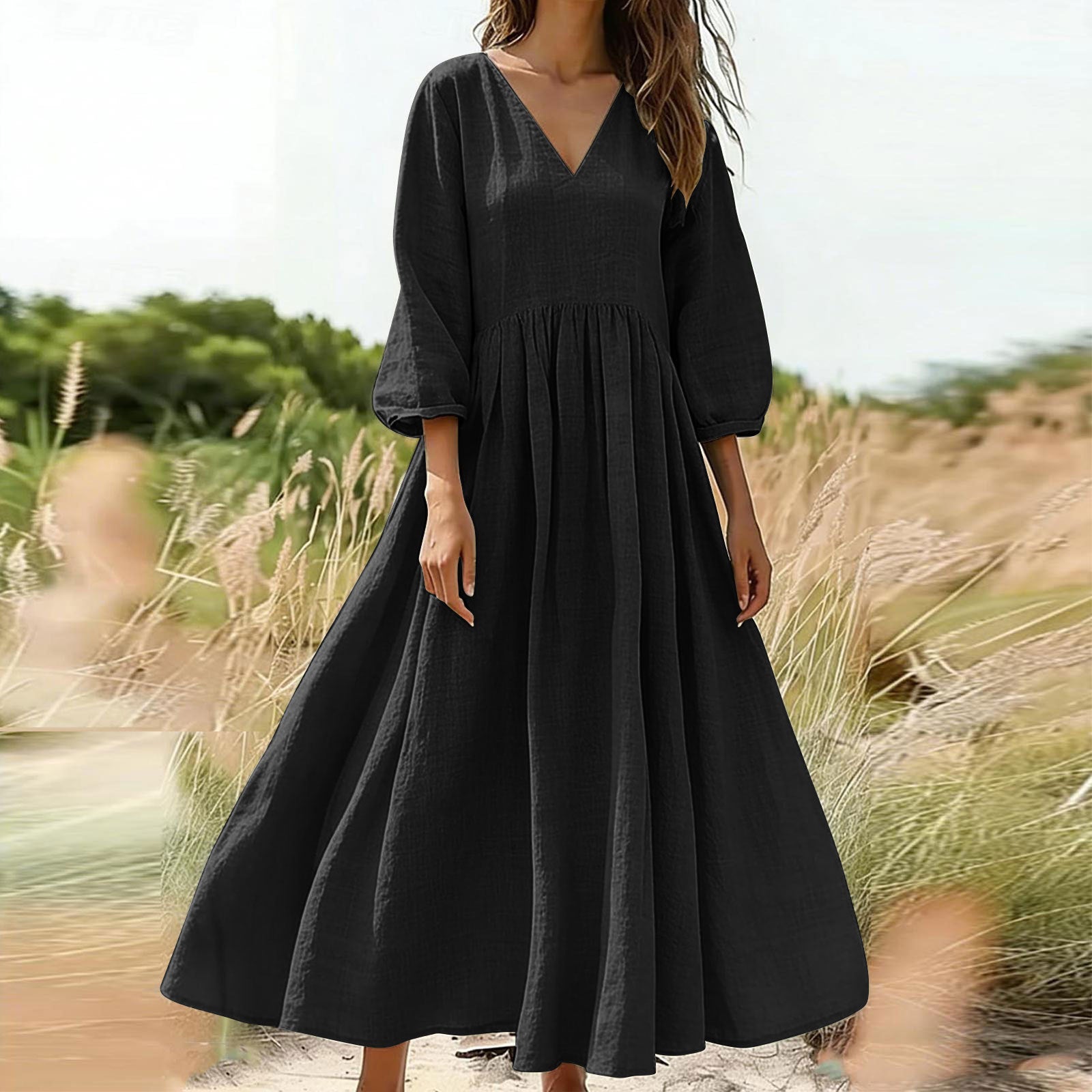 V-Neck Pleated Flowy Midi Dress
