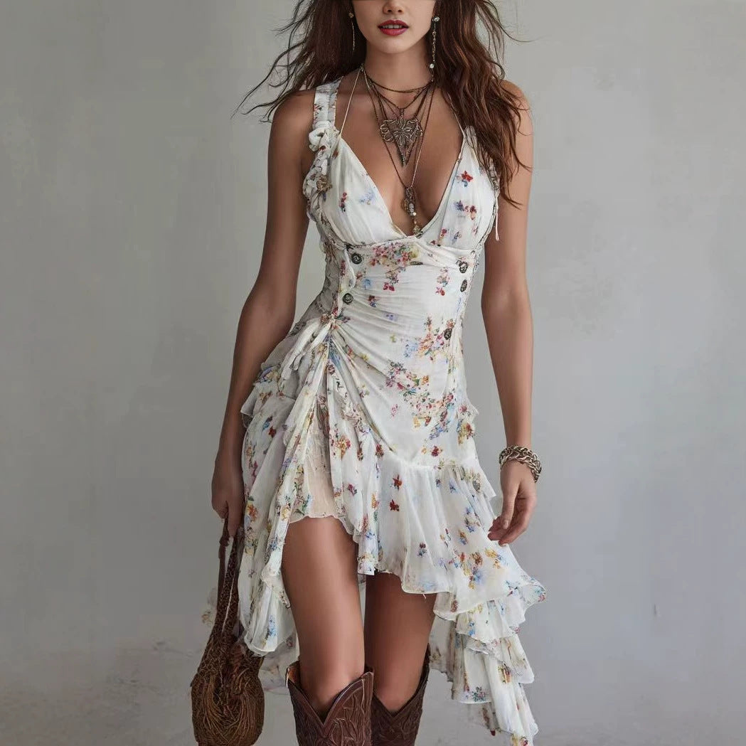 Vestido midi cruzado con estampado floral, lazo en la cintura, cuello en V y manga corta