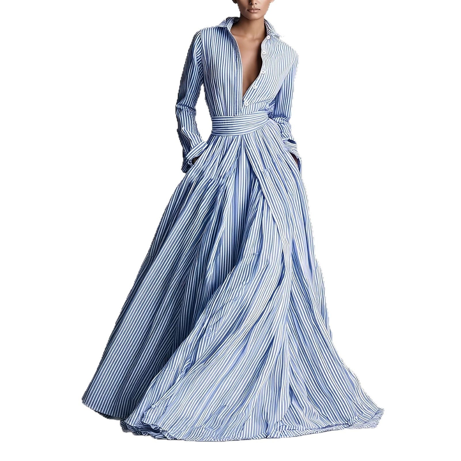 Blue & White Striped Polo Collar Pocket Cardigan Shirt Dress