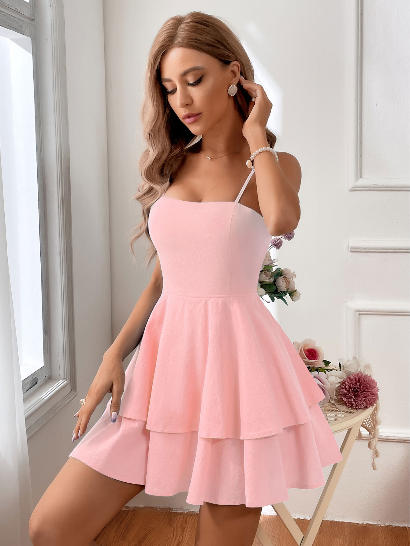 Cotton Square-Neck Bow-Tie High-Waist A-Line Camisole Dress