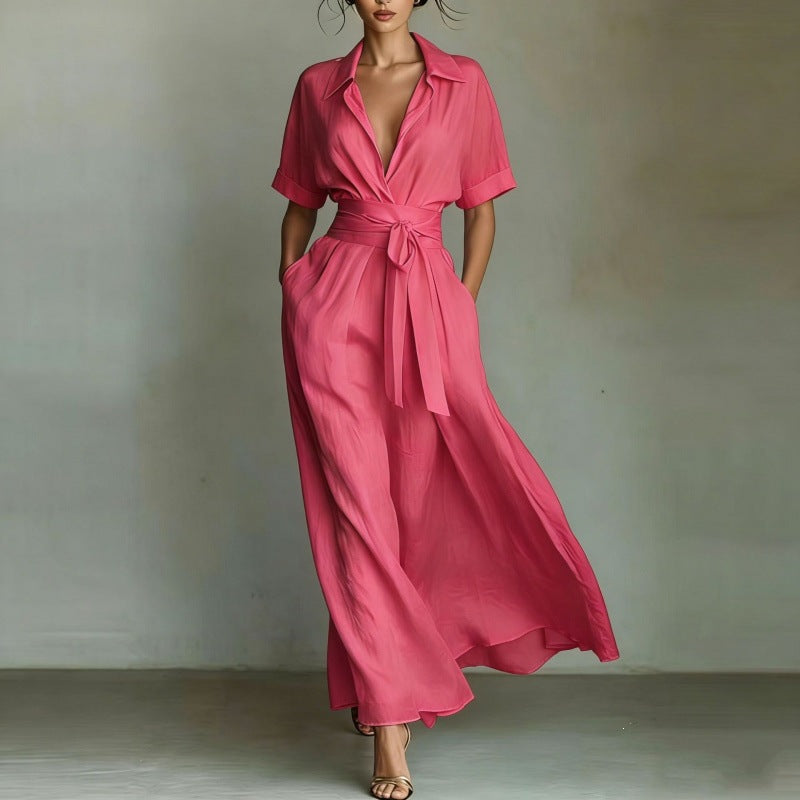 Wide Collar Three-Quarter Sleeve Waist-Defining Maxi Dress
