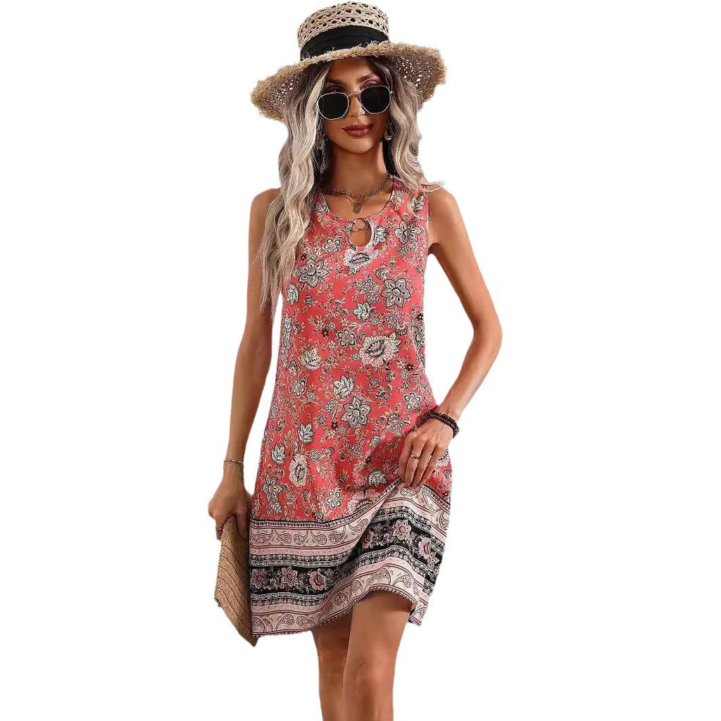 U-Neck Floral Print Sleeveless Dress with Ring Detail