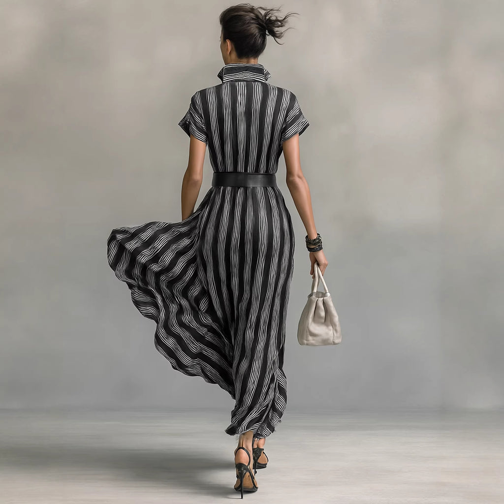 Black & White Striped High-Waist Button Shirt Dress