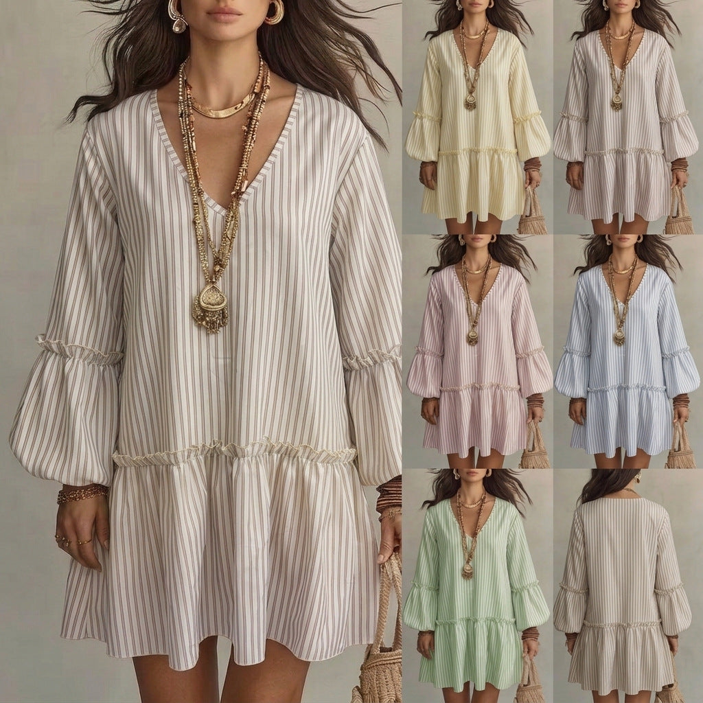 Stripe Print V-Neck Lantern Sleeve A-Line Mini Dress