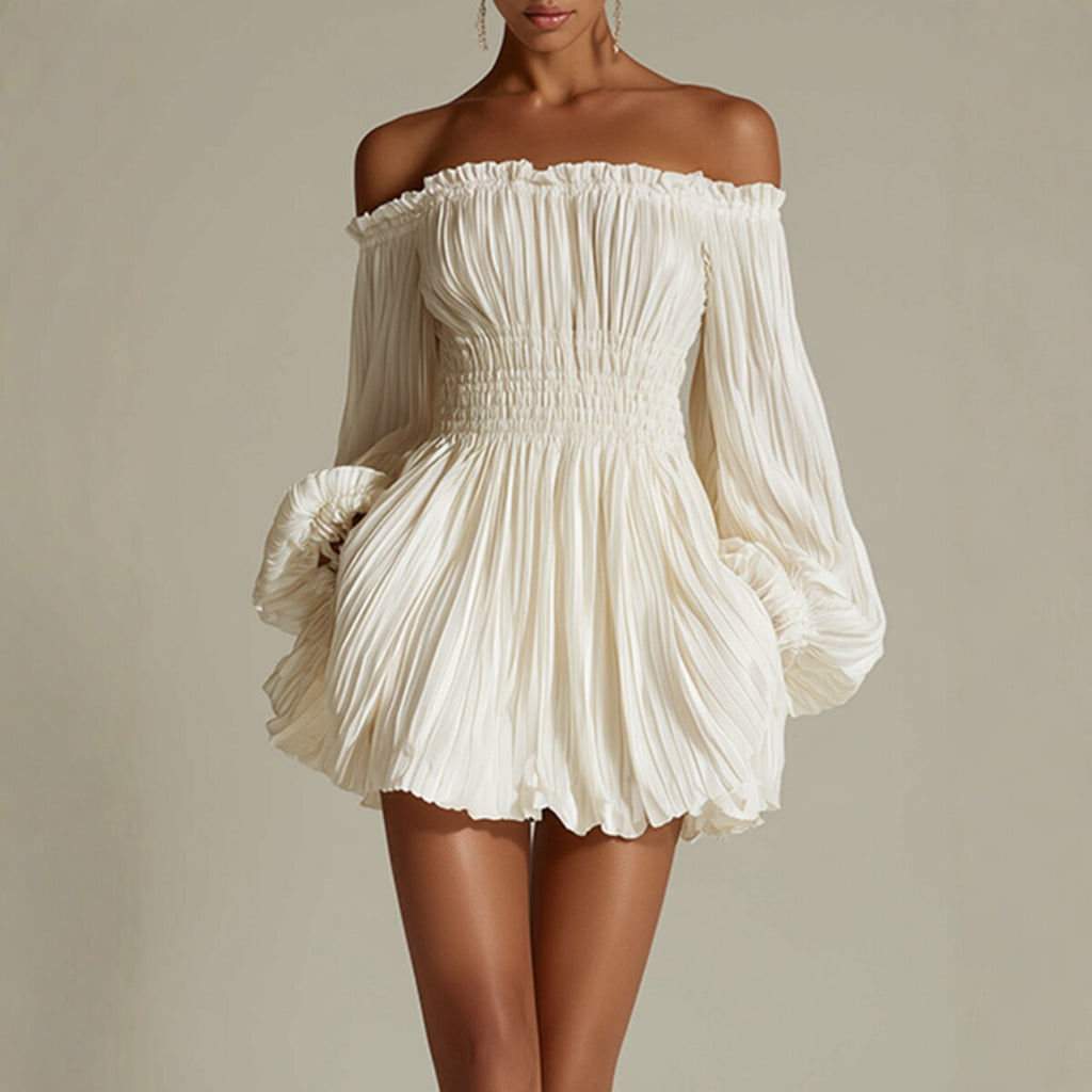 Elegant One-Shoulder Pleated Fitted Long Sleeve Dress
