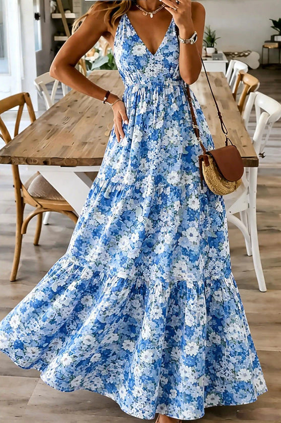 Floral Print Sleeveless Round Neck Smocked Waist Midi Dress