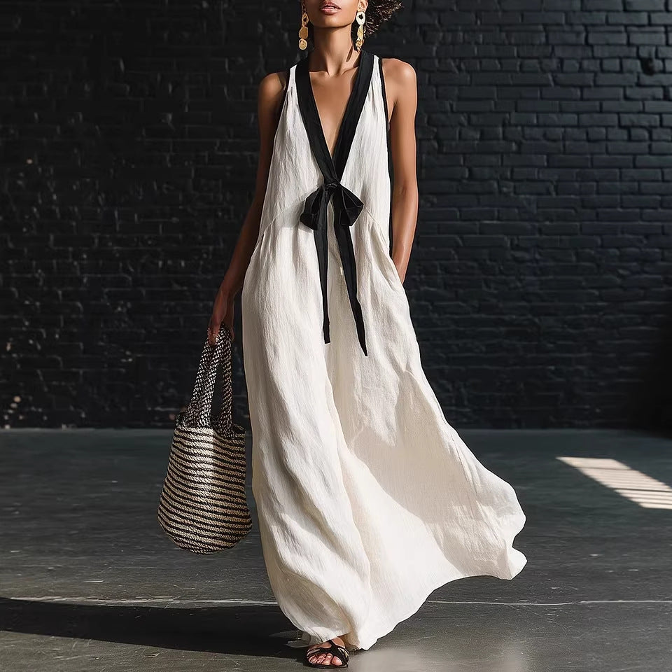V-Neck Strapless Sleeveless Resort-Style Elegant Maxi Dress