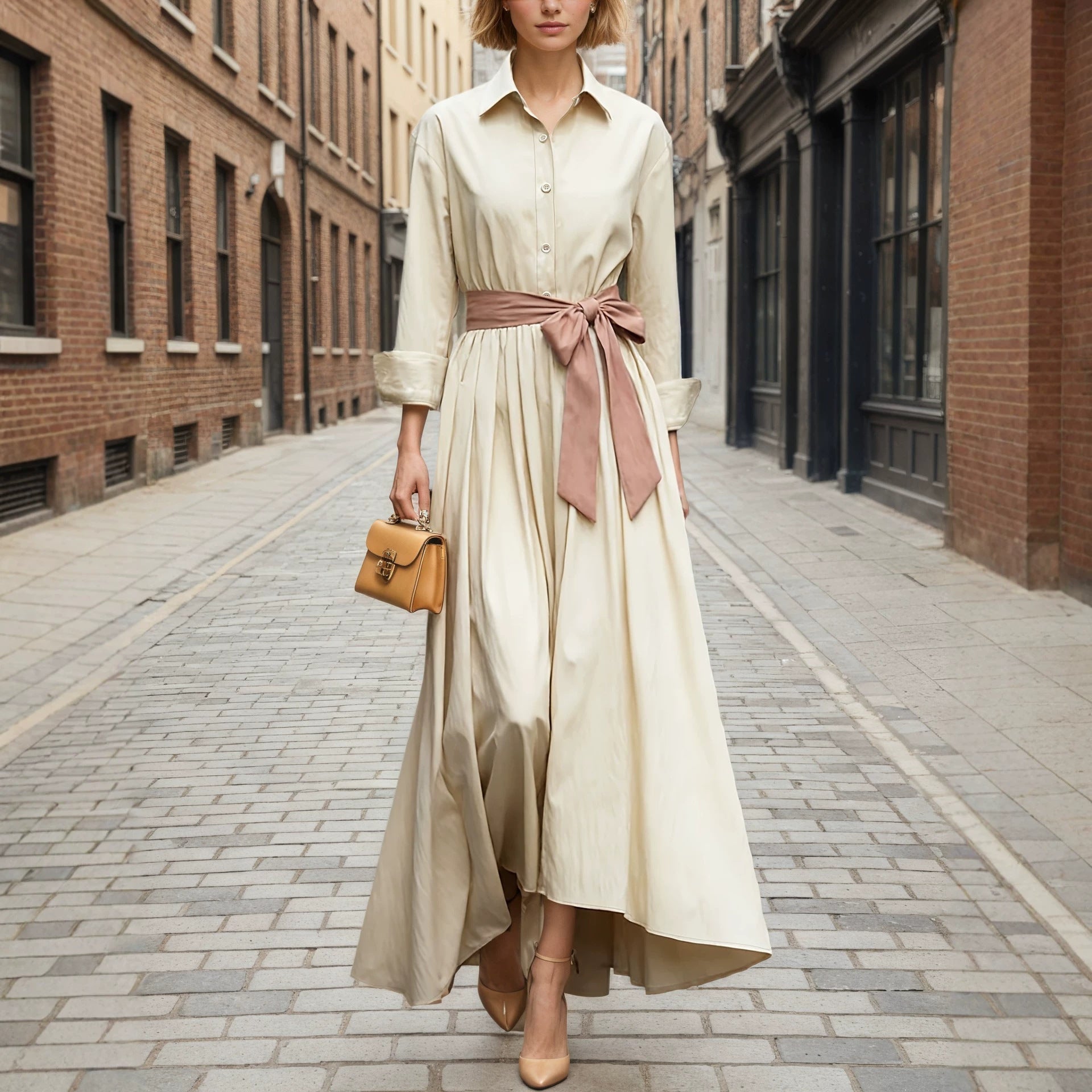 Polo Collar Long Sleeve Button-Front Maxi Dress