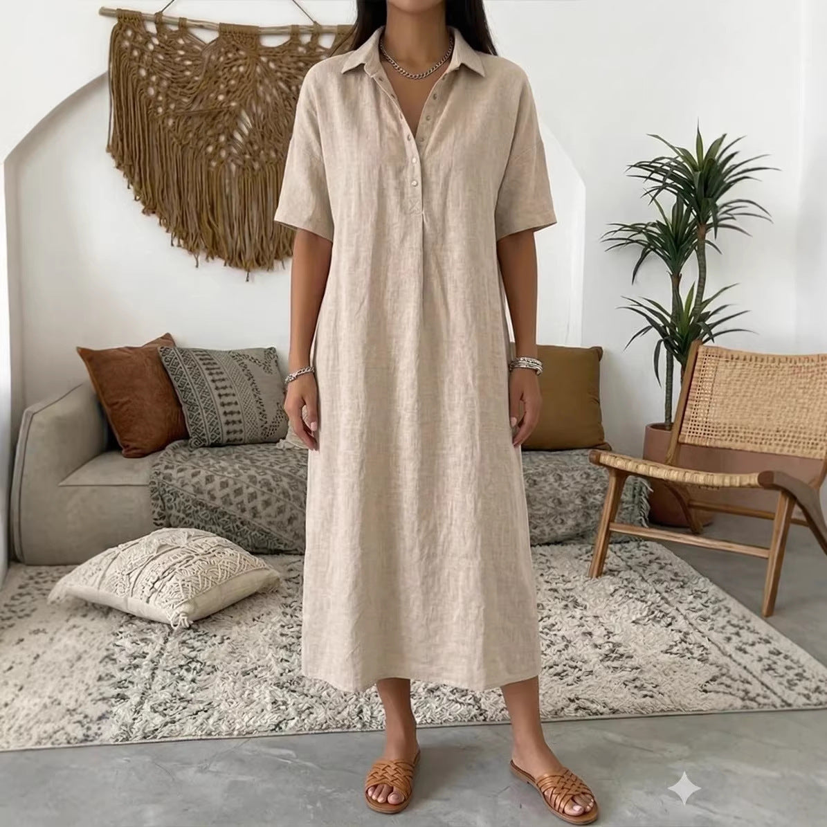 Casual Straight Fit Linen Short Sleeve Polo Neck Dress
