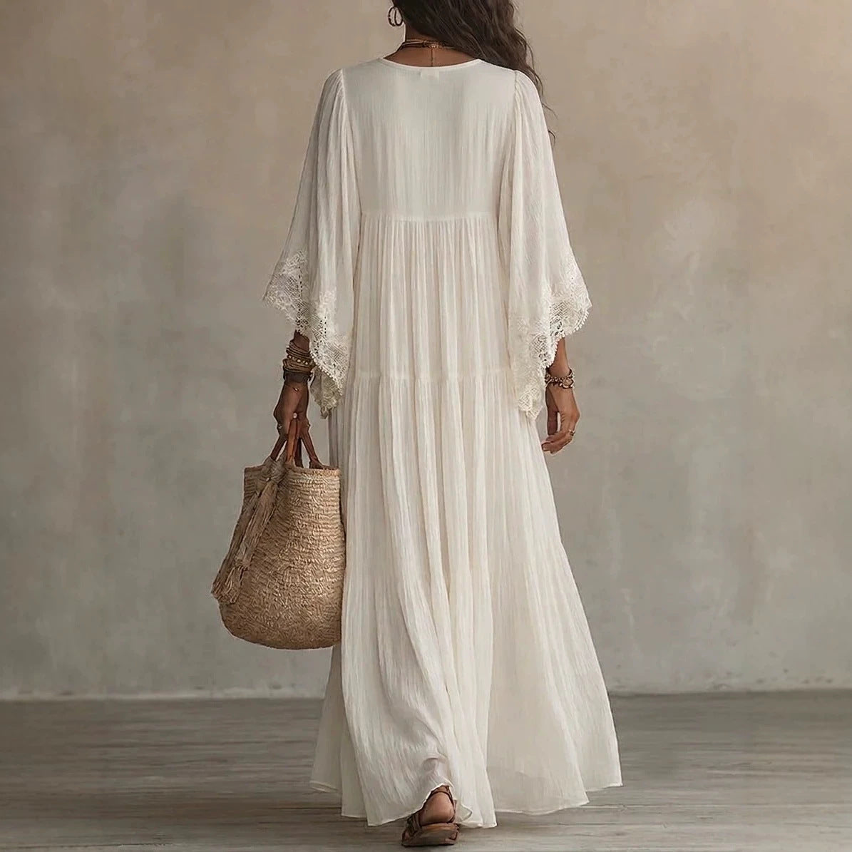 Lace Patchwork V-Neck Long Vacation Beach Dress
