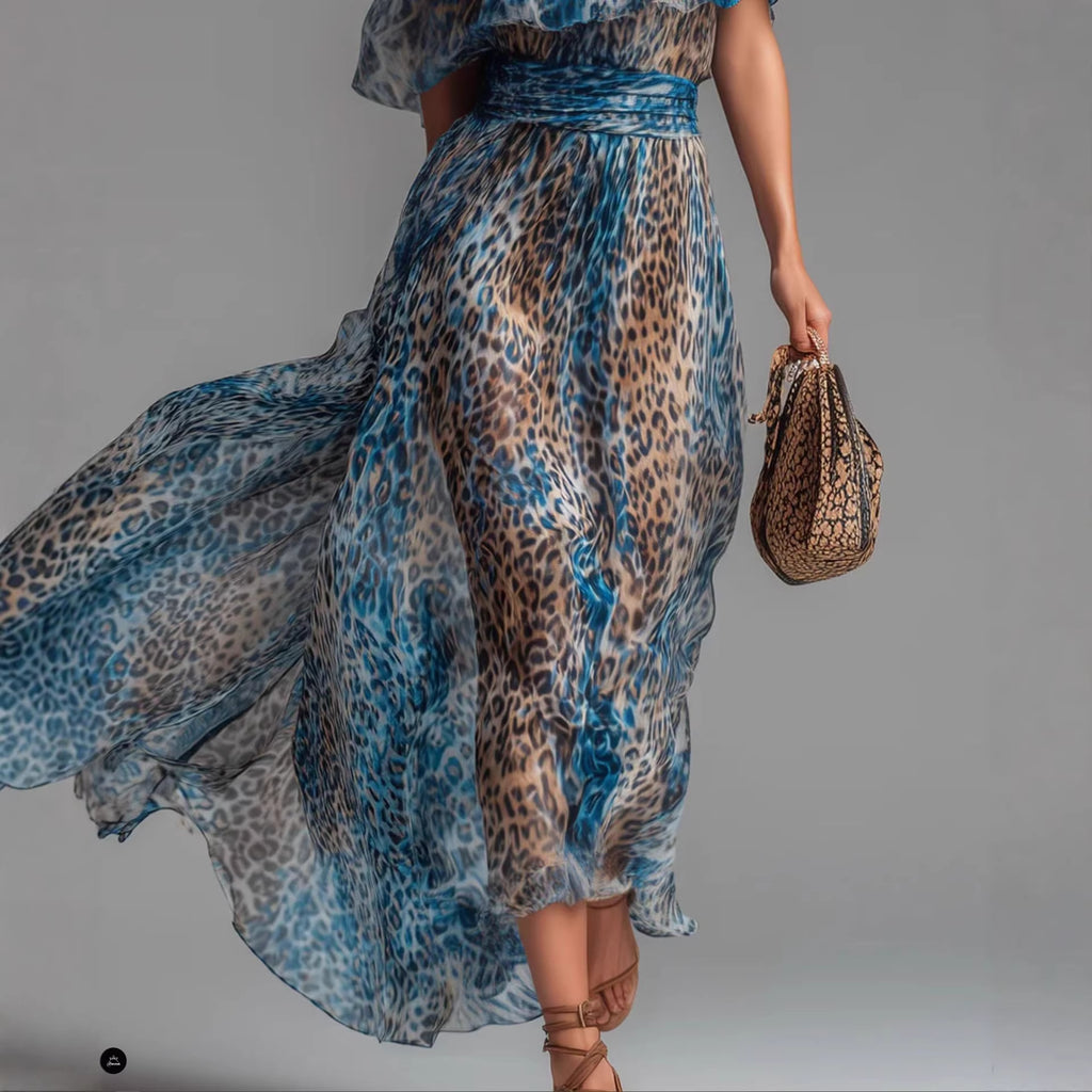 Leopard Print Asymmetric Shoulder Ruffle Maxi Dress