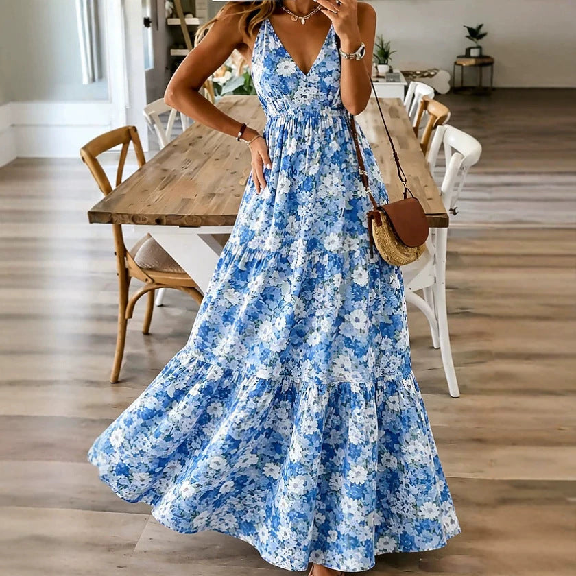 Floral Print Sleeveless Round Neck Smocked Waist Midi Dress