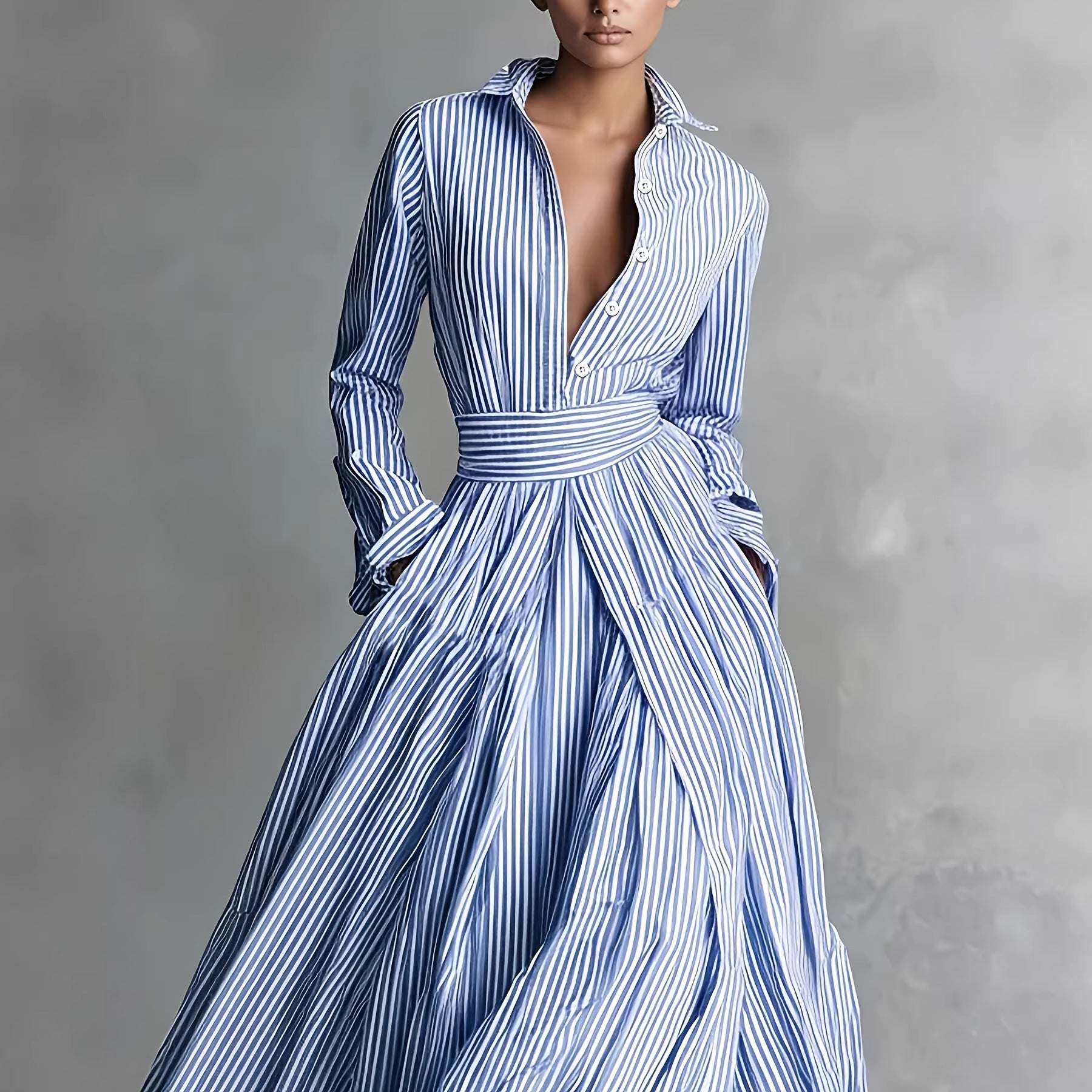 Blue & White Striped Polo Collar Pocket Cardigan Shirt Dress