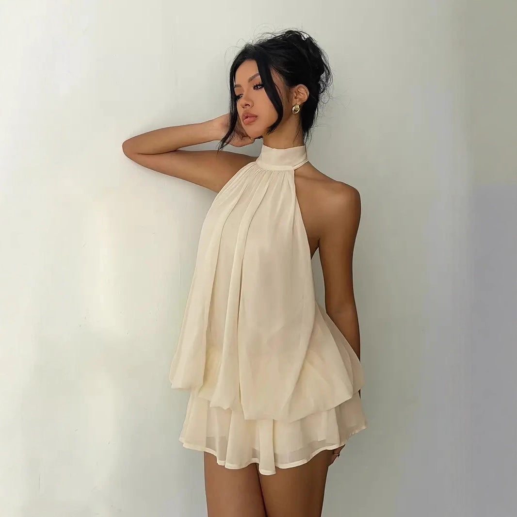 High-Waist Halter Neck Backless A-Line Short Dress