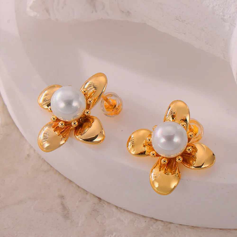 Synthetic Pearl Flower Earrings in Titanium Steel