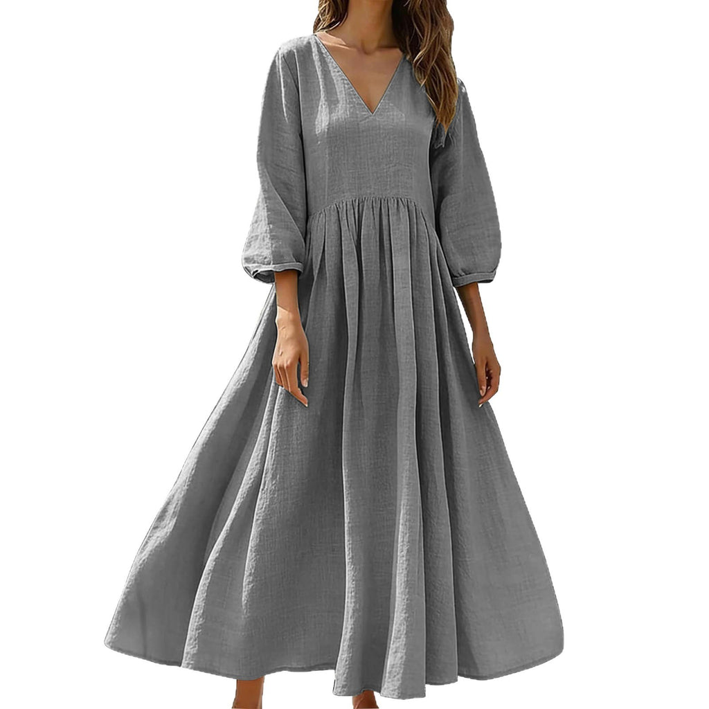 V-Neck Pleated Flowy Midi Dress