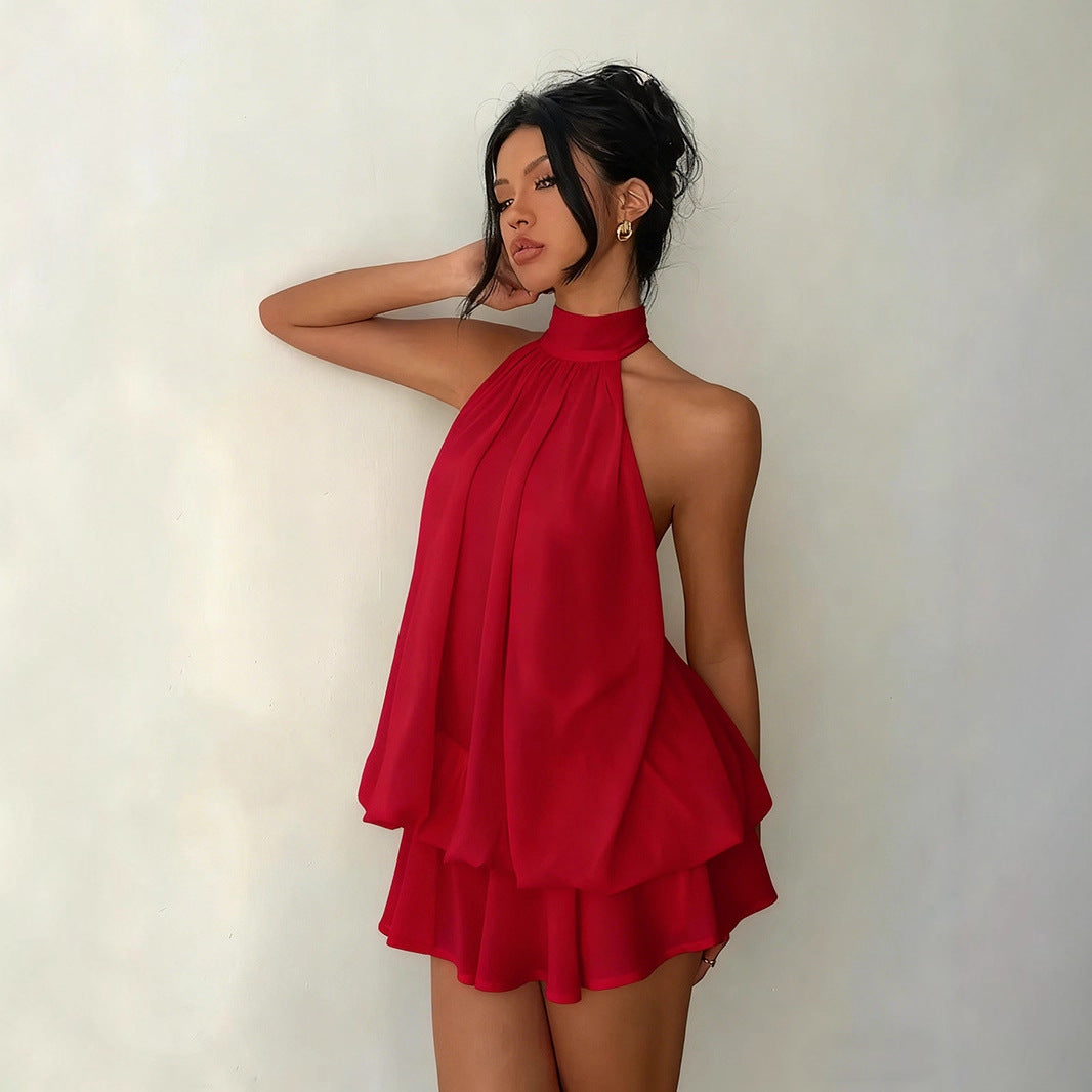 High-Waist Halter Neck Backless A-Line Short Dress
