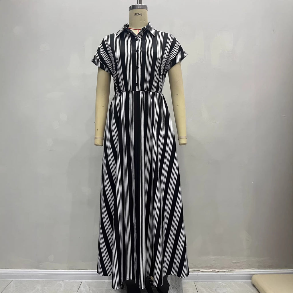 Black & White Striped High-Waist Button Shirt Dress