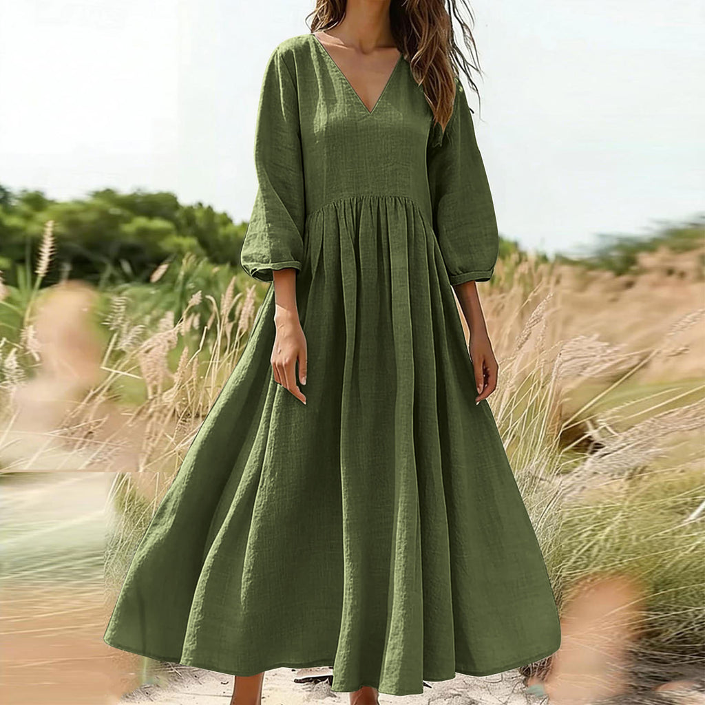 V-Neck Pleated Flowy Midi Dress