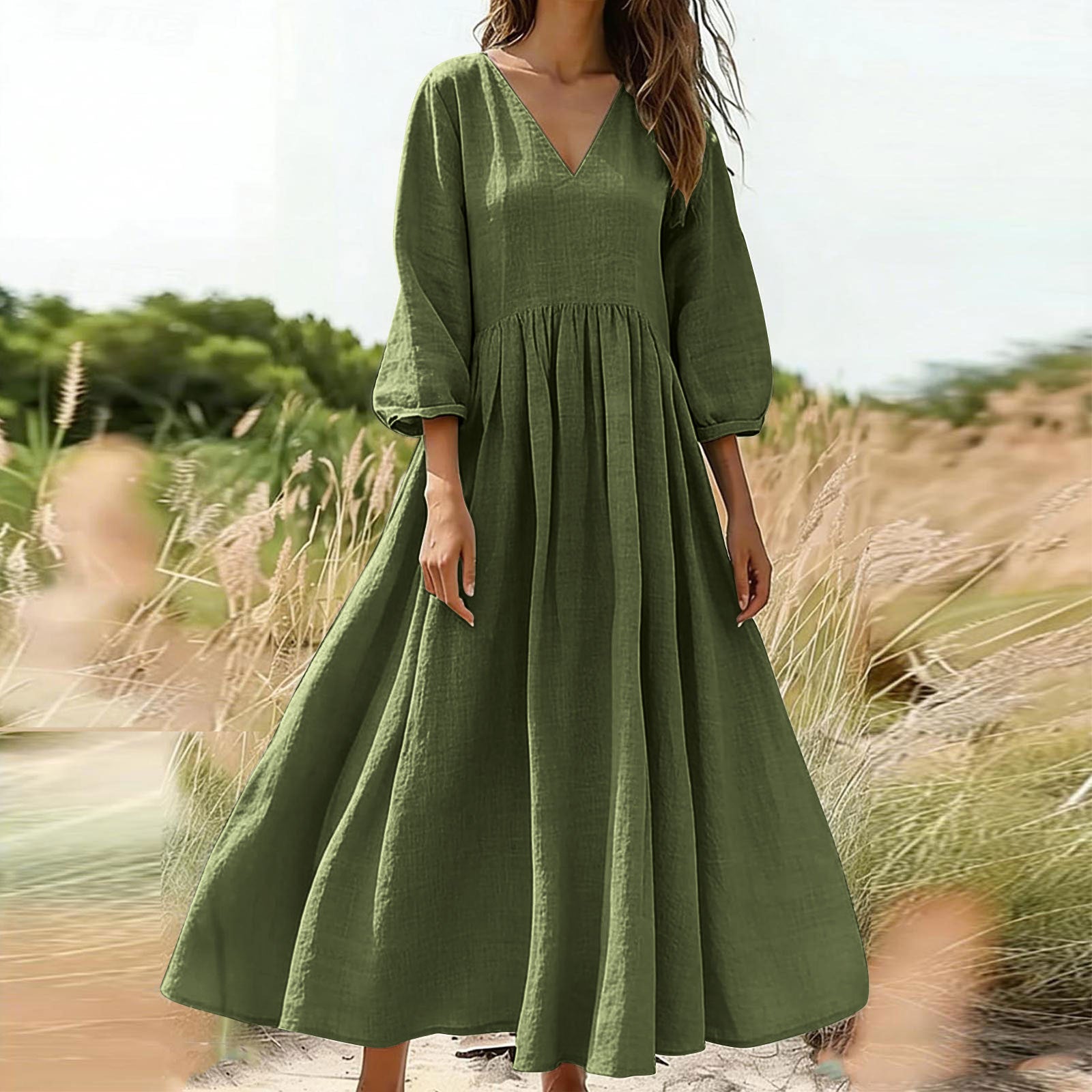 V-Neck Pleated Flowy Midi Dress