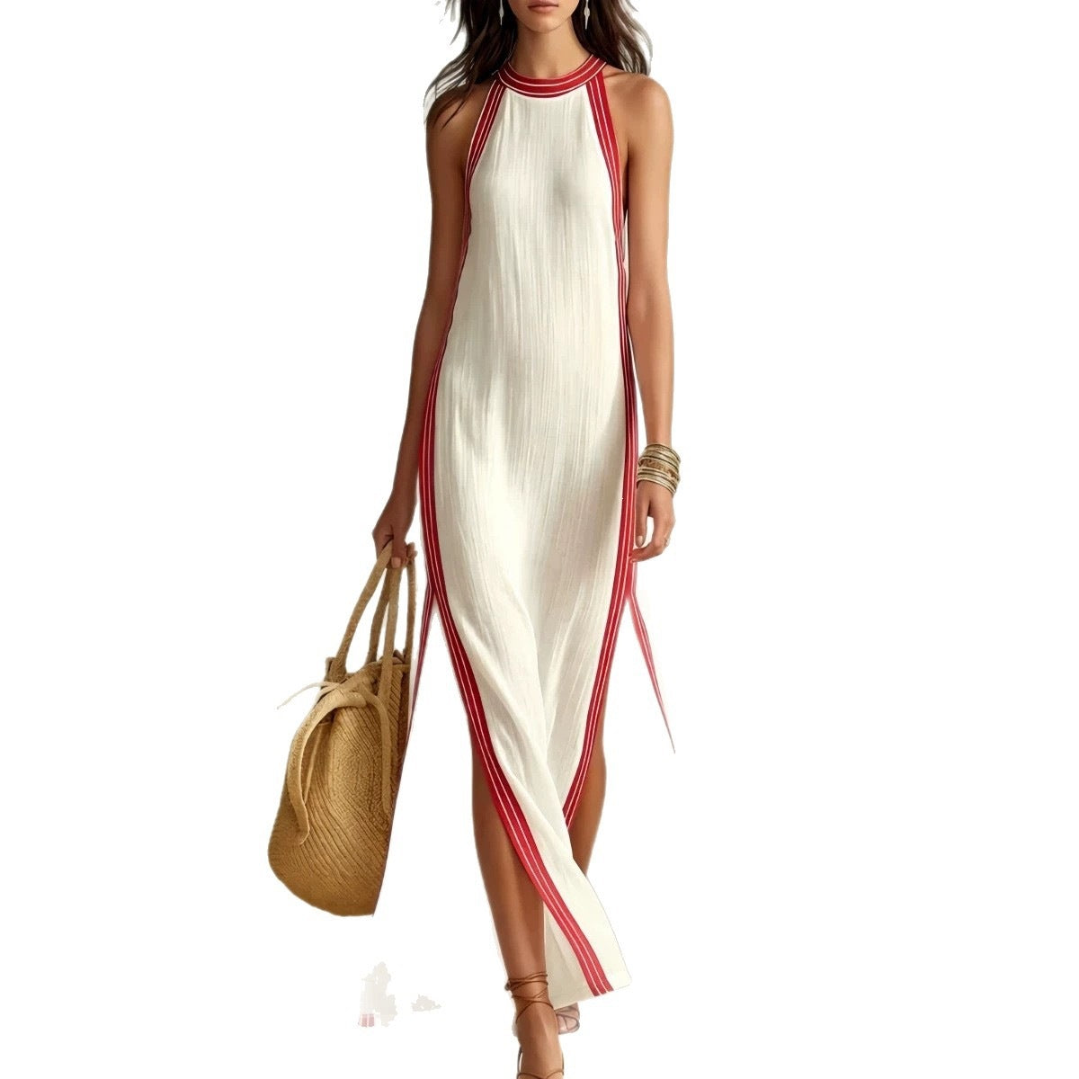 Striped Side Split Sleeveless Casual Vacation Dress