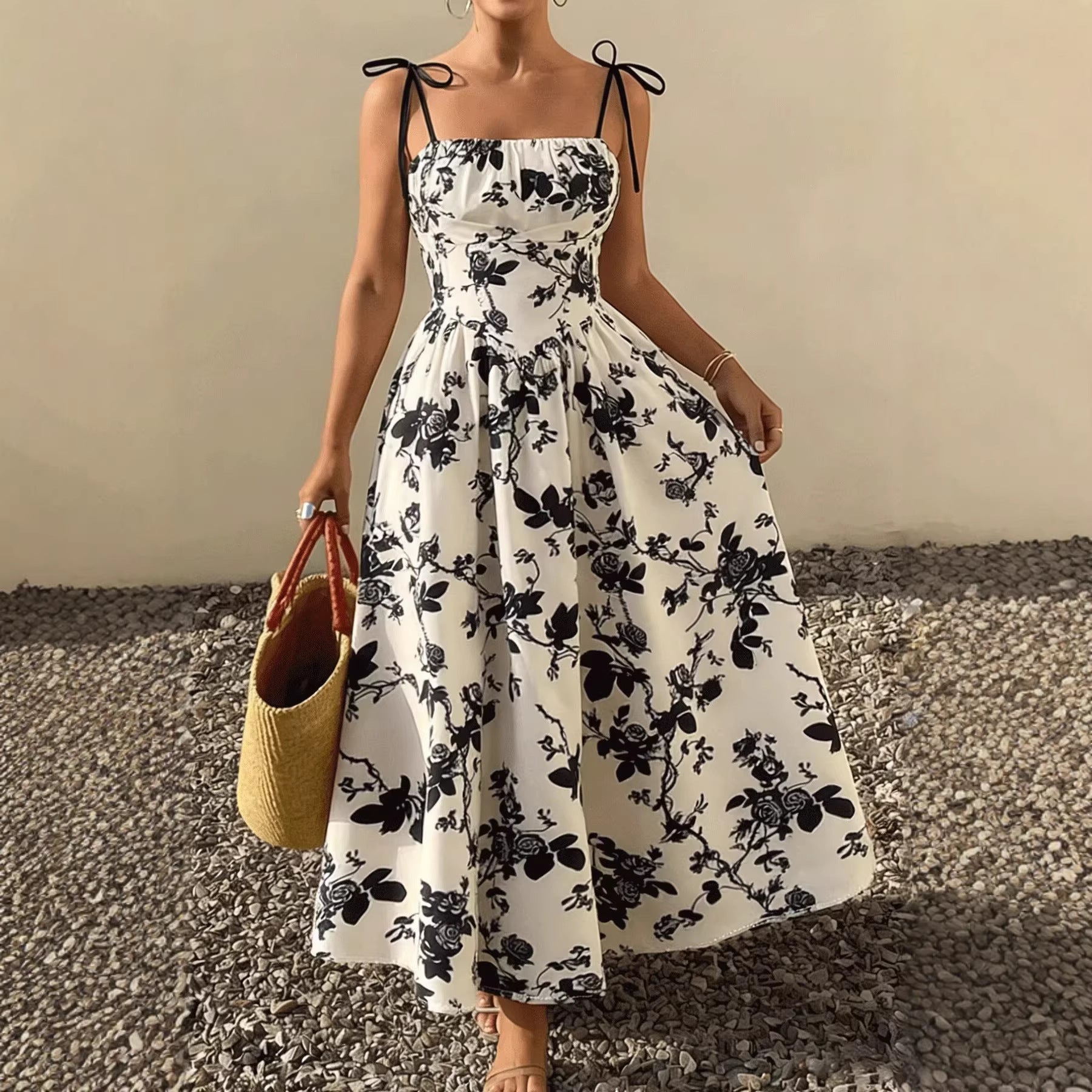 Floral Print Sleeveless Square Neck Smocked Waist Maxi Dress