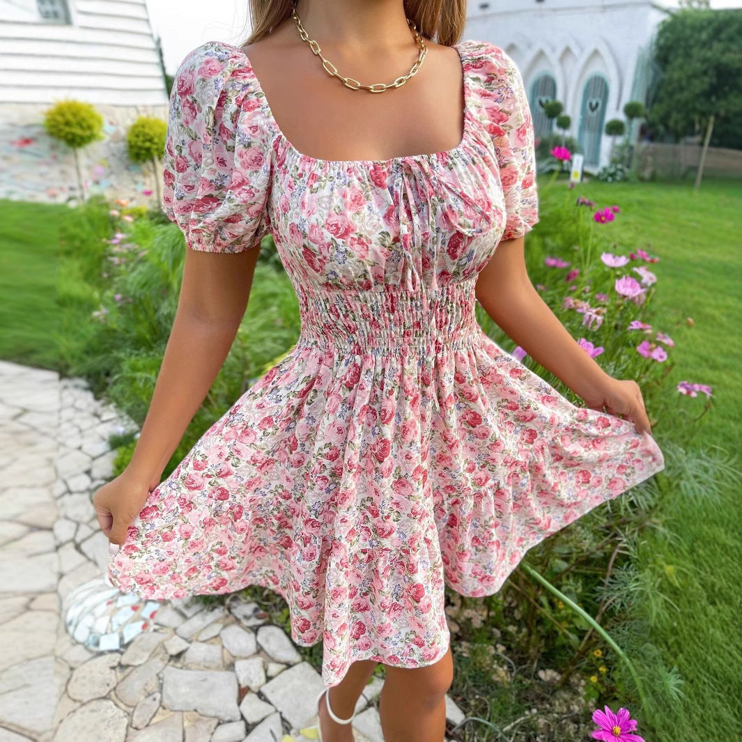 Floral Print Sleeveless Square Neck Smocked Waist Midi Dress