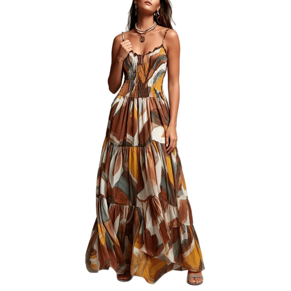 Geometric Print Pleated Waist Maxi Dress with Pockets