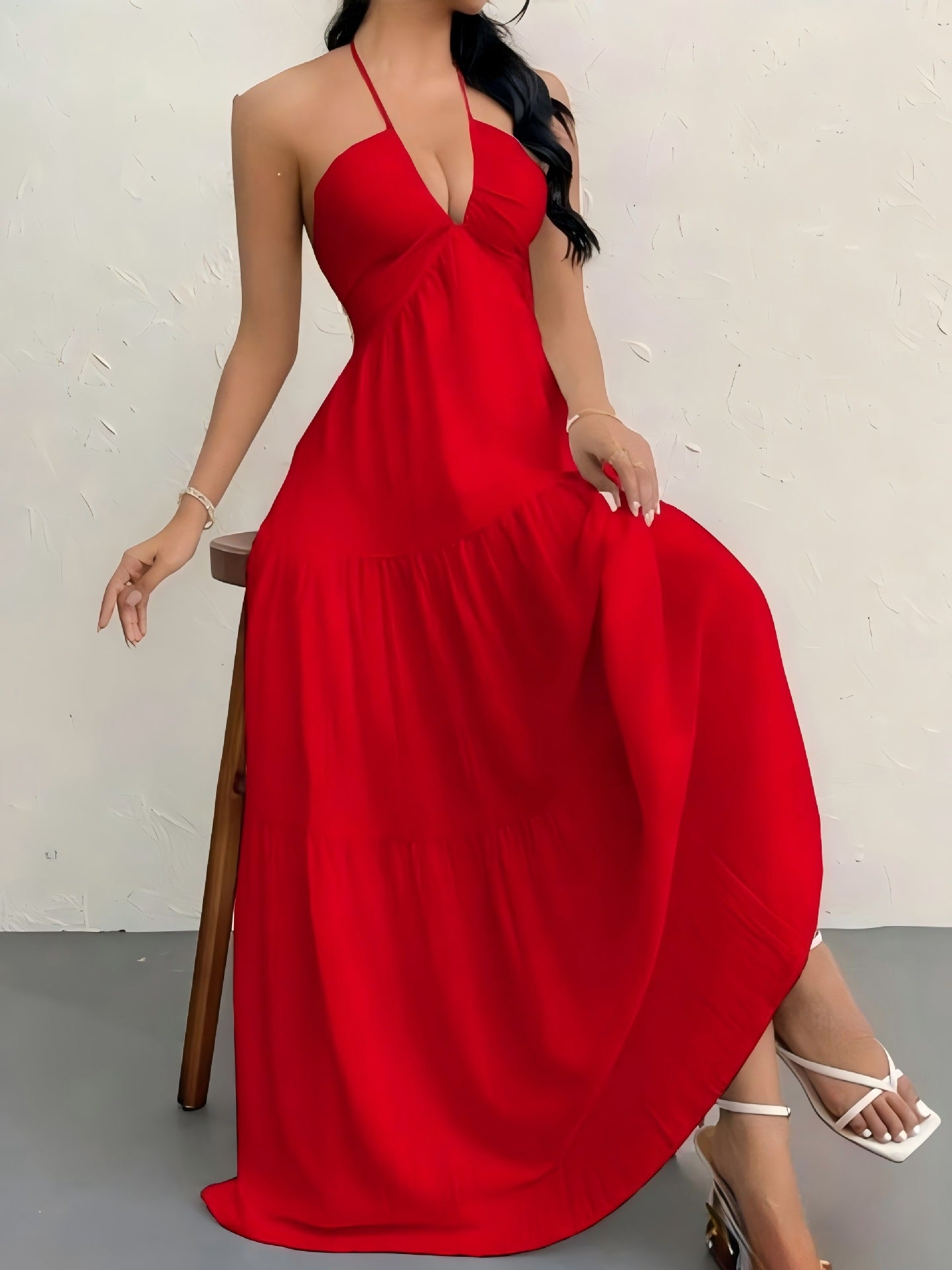 Solid Colour Halter Neck Backless Tie-Up Maxi Dress