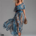 Leopard Print Asymmetric Shoulder Ruffle Maxi Dress