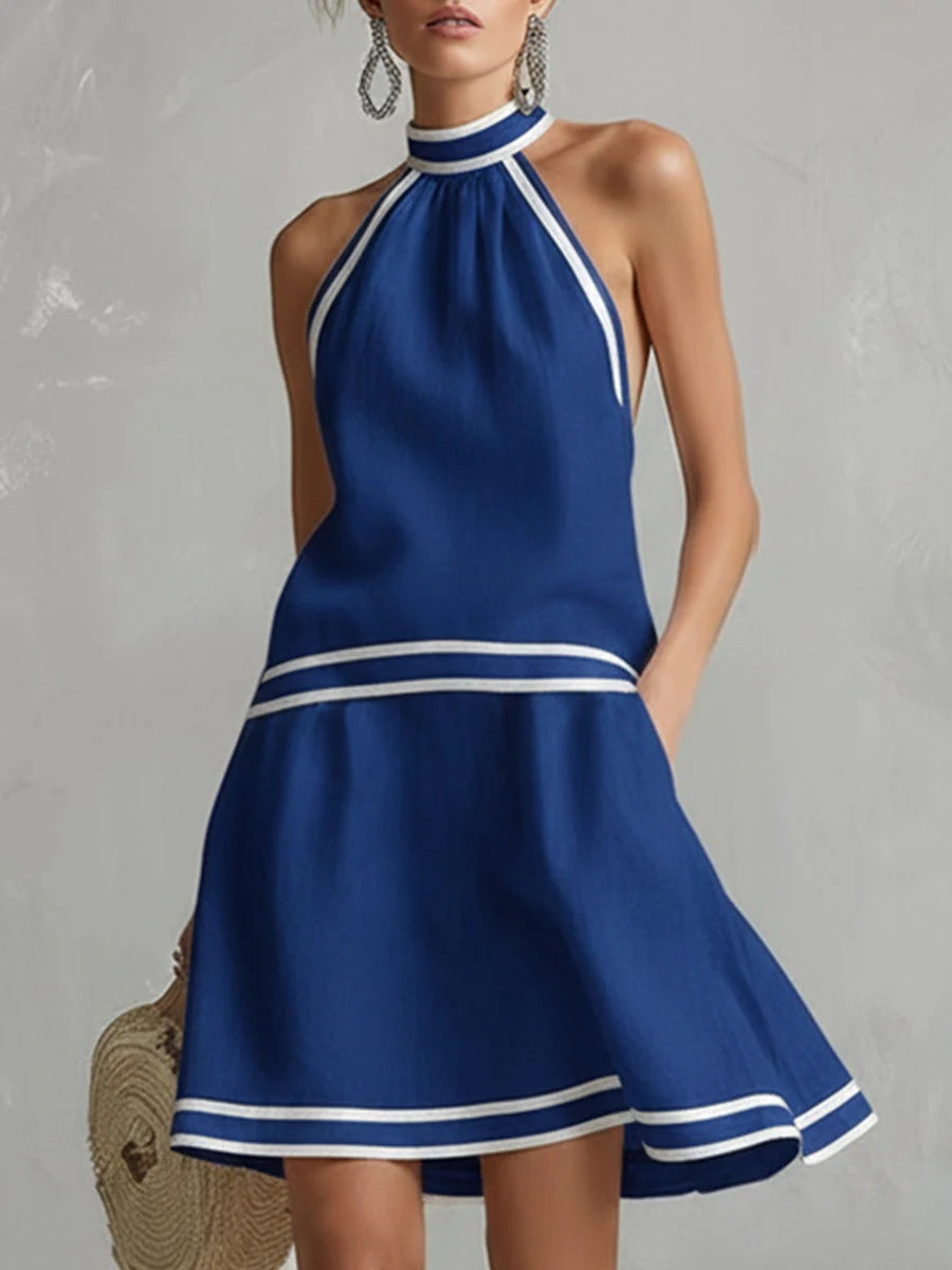 Striped Trim Halter Neck Fitted Midi Dress