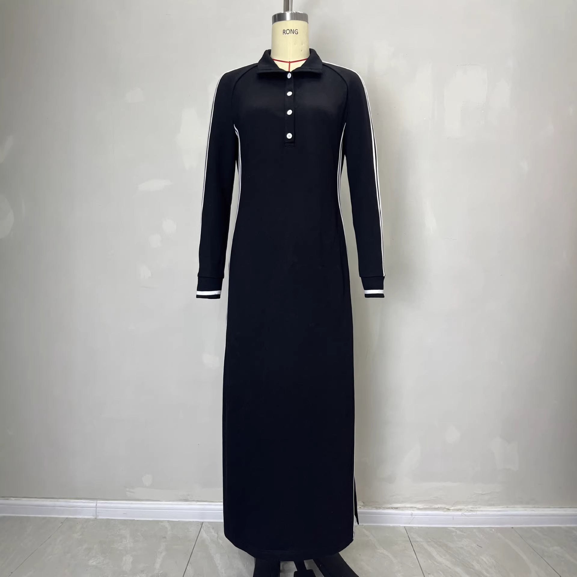 White Rolled Edge Button Neck Hoodie Maxi Dress