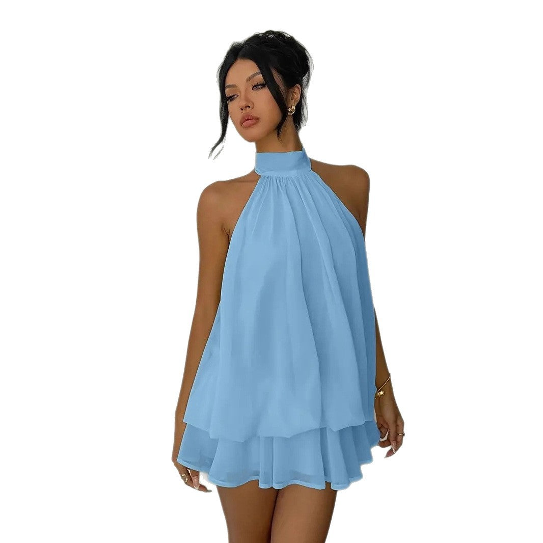 High-Waist Halter Neck Backless A-Line Short Dress