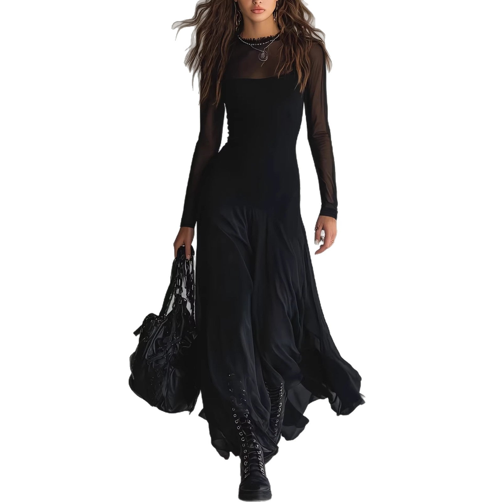 Black Sheer Mesh Hooded Long Sleeve Maxi Dress