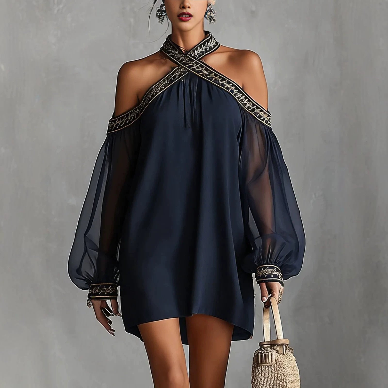 Embroidered Off-Shoulder Sheer Lantern Sleeve Resort Dress