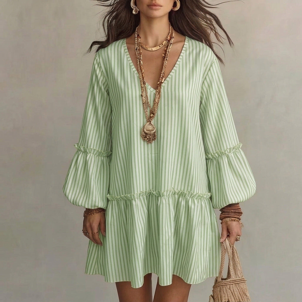 Stripe Print V-Neck Lantern Sleeve A-Line Mini Dress