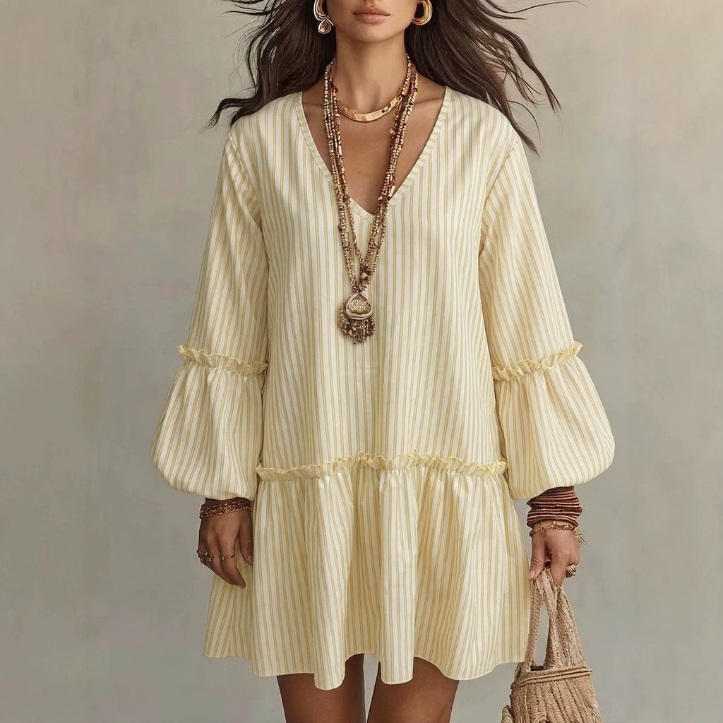 Stripe Print V-Neck Lantern Sleeve A-Line Mini Dress