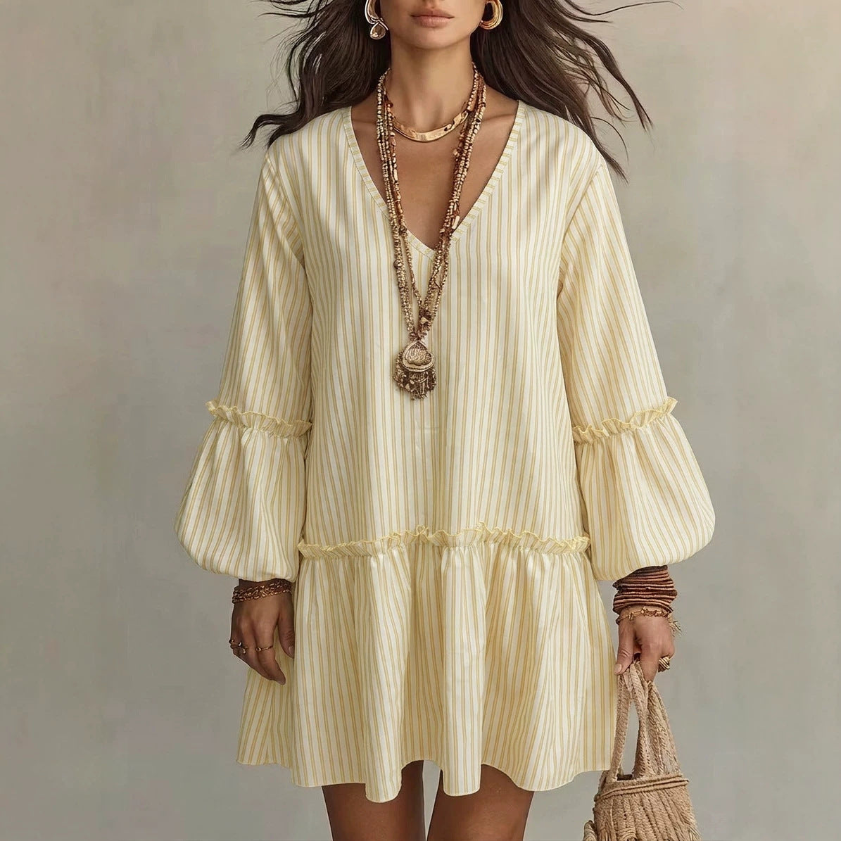 Stripe Print V-Neck Lantern Sleeve A-Line Mini Dress