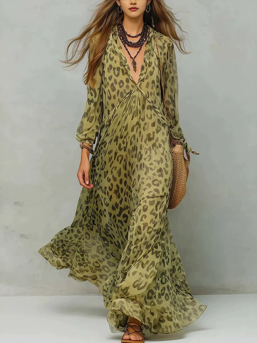 Leopard Print Deep V-Neck Three-Quarter Sleeve Beach Maxi Dress